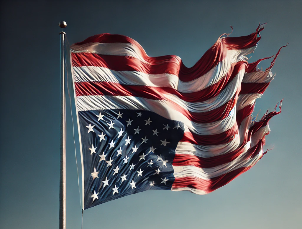 The national flag of the USA flying upside down as a sign of distress